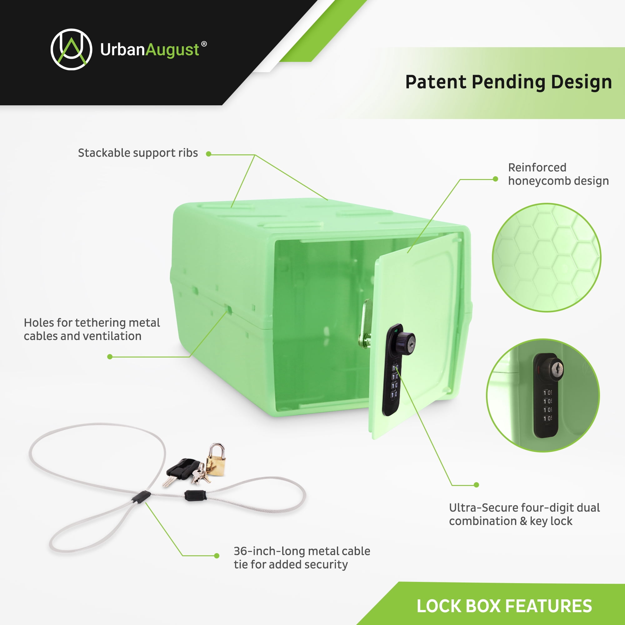 Urban August Dual Combination & Keyed Lock box - Lockable Box for Everyday Use - Multi-Purpose lock for Home & Office Safety - Made of Industrial-Grade Plastic - One Size (Spring Green)