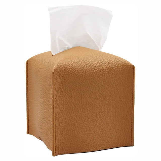 Zhuge Funda para caja de pañuelos, moderna y decorativa de cuero sintético, organizador de papel facial, dispensador para baño, mesitas de noche, escritorio y coche, color marrón (S)