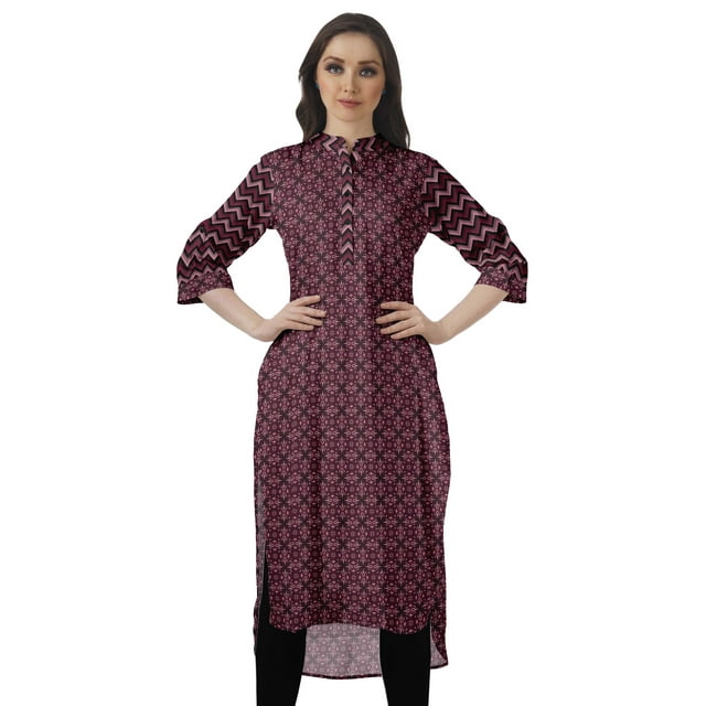 Moomaya Kurta Tunique à Ourlet Droit Imprimé pour Femmes Col Mandarin Kurti Tenue d'Été