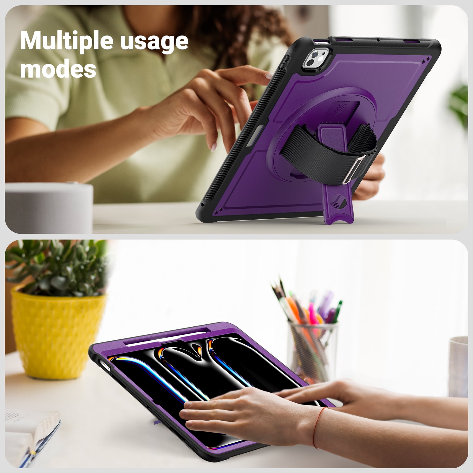ELEHOLD Case for Apple iPad Pro 13 2024,Soft TPU Rugged Durable Case with 360° Rotating Hand Strap & Foldable Hidden Stand & Pencil Holder,Purple