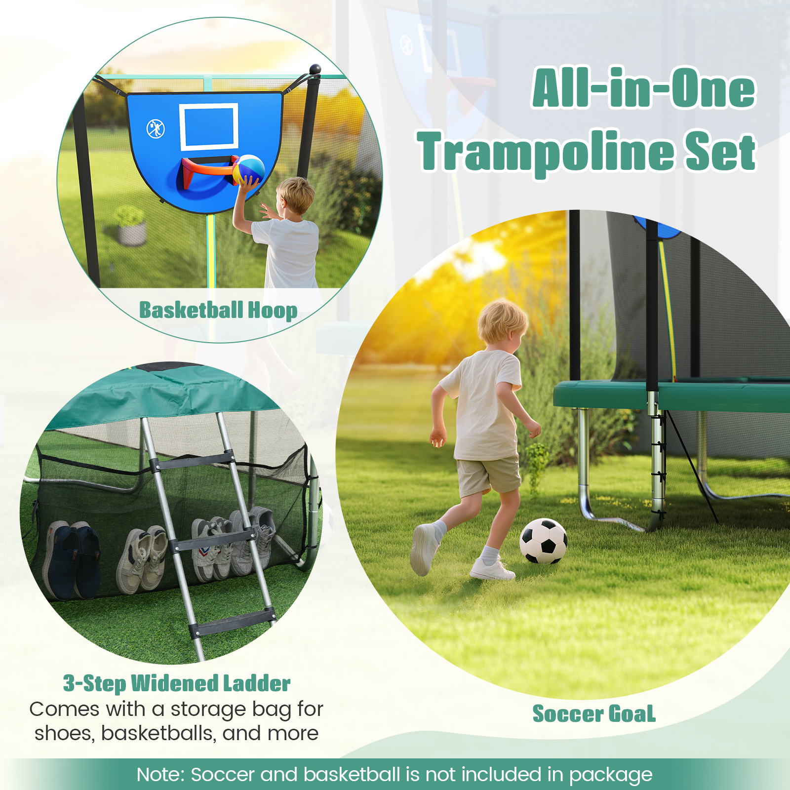 Gymax 10 x 8 FT Heavy-Duty Trampoline w/Basketball Hoop Soccer Goal Non-Slip Ladder Green