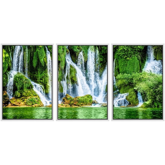 wall26 Framed Canvas Print Wall Art Set Tropical Island Jungle Waterfall Lake Nature Wilderness Photography Realism Decorative Landscape Colorful for Living Room, Bedroom, Office - 24"x36"x