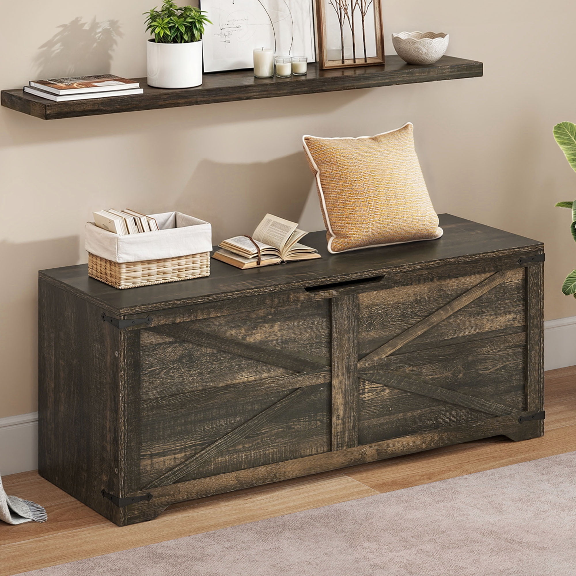Uforic 47.2" Farmhouse Storage Bench, Wooden Chest with Safety Hinges, Shoe Organizer - Rustic Brown