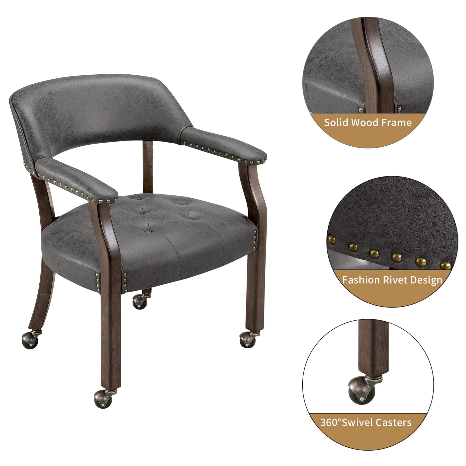 JESONVID Dining Chair with Casters Set of 4, Captain's Chair with Caster Dining Room Chairs with Rollers Curving Backrest Dinette Sets Poker Chair with Wheels Kitchen Table Rolling Chairs,Grey 318GY
