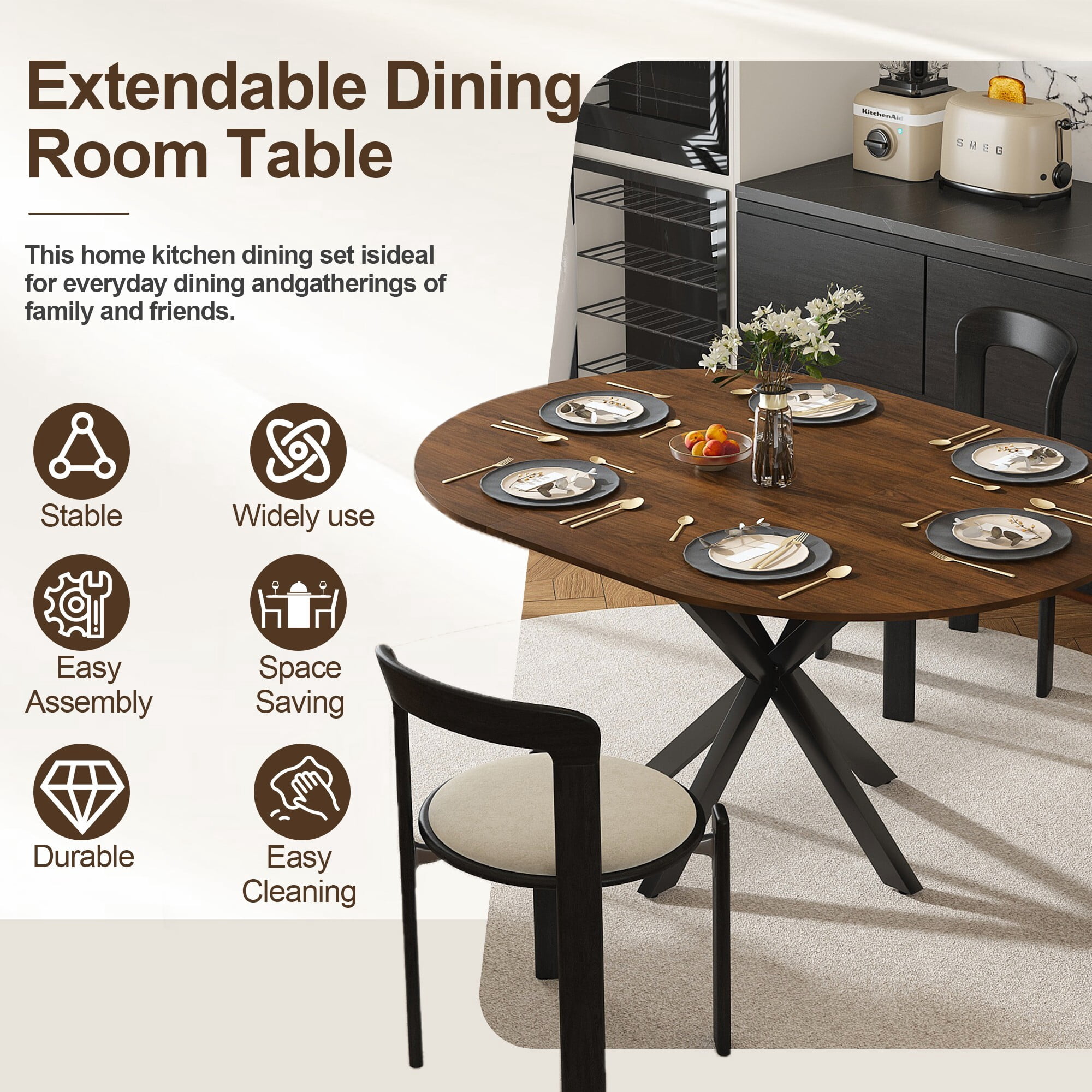 AENKYO 42"-58" Expandable Round Dining Table, Walnut Brown Wood Top & Black X-Base Pedestal, Seats 4-6