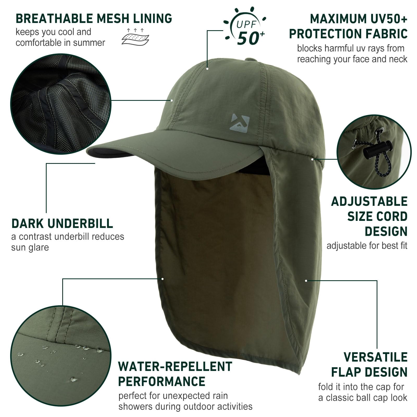 TOP-EX XL/XXL Waterproof Baseball Cap Men with Neck Flap UV Protection Sun Hats Women, Foldable Summer Hats Safari Hiking Outdoor Hat Breathable Adjustable Amy green L/XL