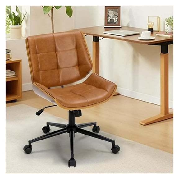 Home Office Desk Chair,-Century Modern Wooden PU Leather Chair,Adjustable Height Executive Task Chair with 360 Rolling Swivel, Back Ergonomic Computer Chair for Reading Meeting Room(Light Brown)