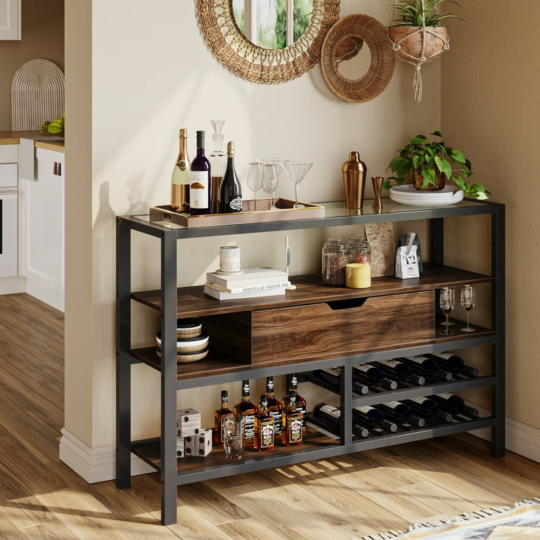 Bestier Buffet Sideboard Bar Cabinet with Wine Racks Drawer and LED Lights Glass Top Kitchen Island with Storage Walnut Walmart