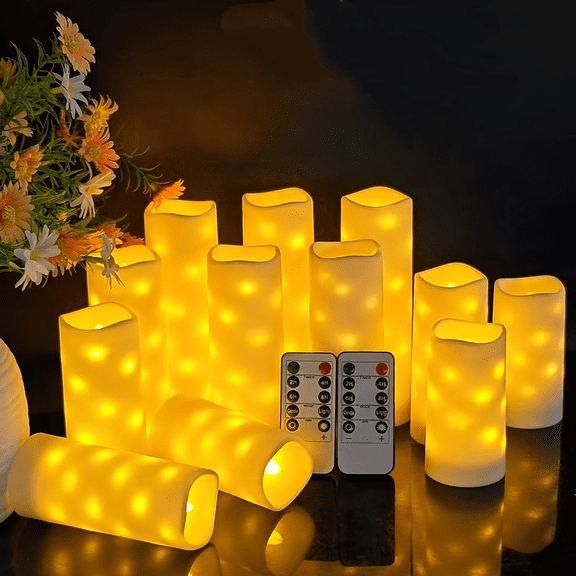 Goyuon Flameless Candles Embedded Star Lights Dynamic Flame Remote Timer Battery Powered 12-Pack