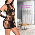 thumbnail image 4 of Mujer Malla Encantadora Mini Vestido de Encaje Delgado Bodycon Ropa de Dormir con Guantes, Negro AweSitey XX000051-05, 4 of 7