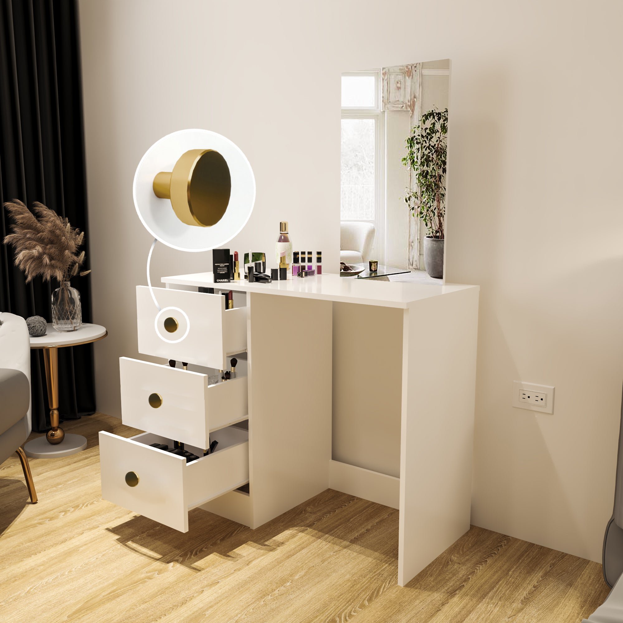 Boahaus Alexandra Modern Vanity Table with Mirror, Golden Knobs, 3 Drawers, For Bedroom, White