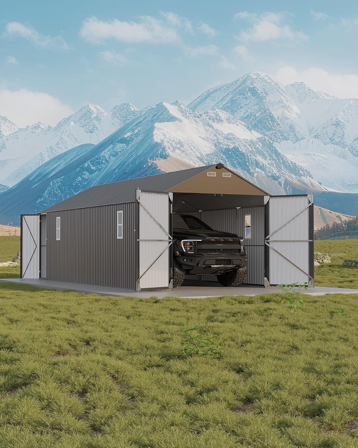 12 ft x 25 ft Enclosed Metal Carport with Vertical Steel Roof, All-Weather Steel Garage Shed with Side Man Door for Sedans & SUVs, Gray Finish
