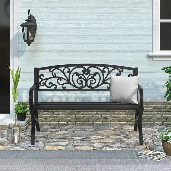 Patio Garden Bench 50 inch Outdoor Metal Loveseat Chairs with Armrests Slatted Seat and w/Floral Design Backrest for Park, Yard, Porch, Lawn, Balcony, Backyard, Black