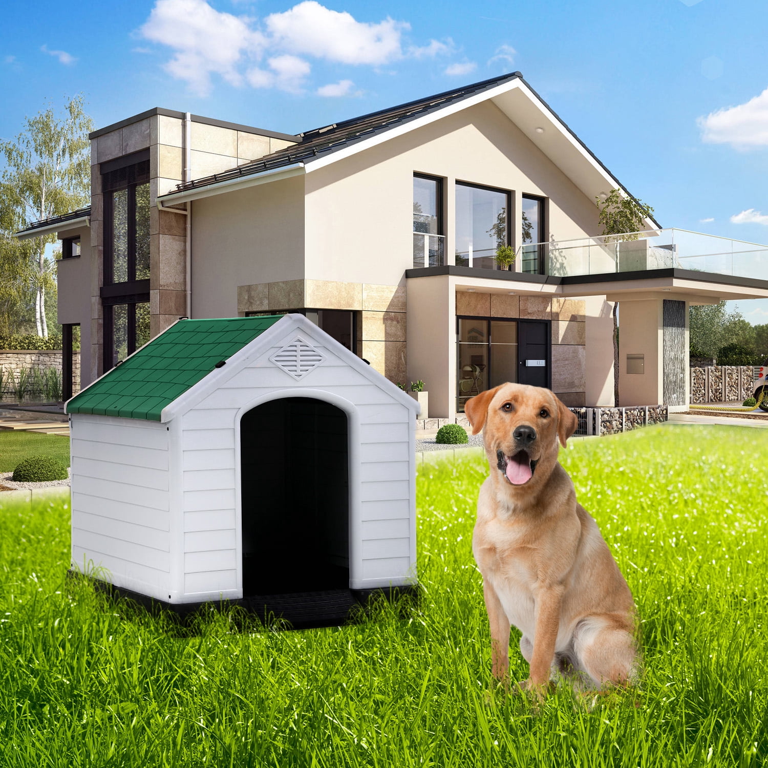 CL.HPAHKL Durable Plastic Dog House Outdoor Indoor, Waterproof Pet House for Small Medium Dogs, Insulated Puppy Shelter Doghouse with Elevated Floor and Air Vents(Green, 34 inch)