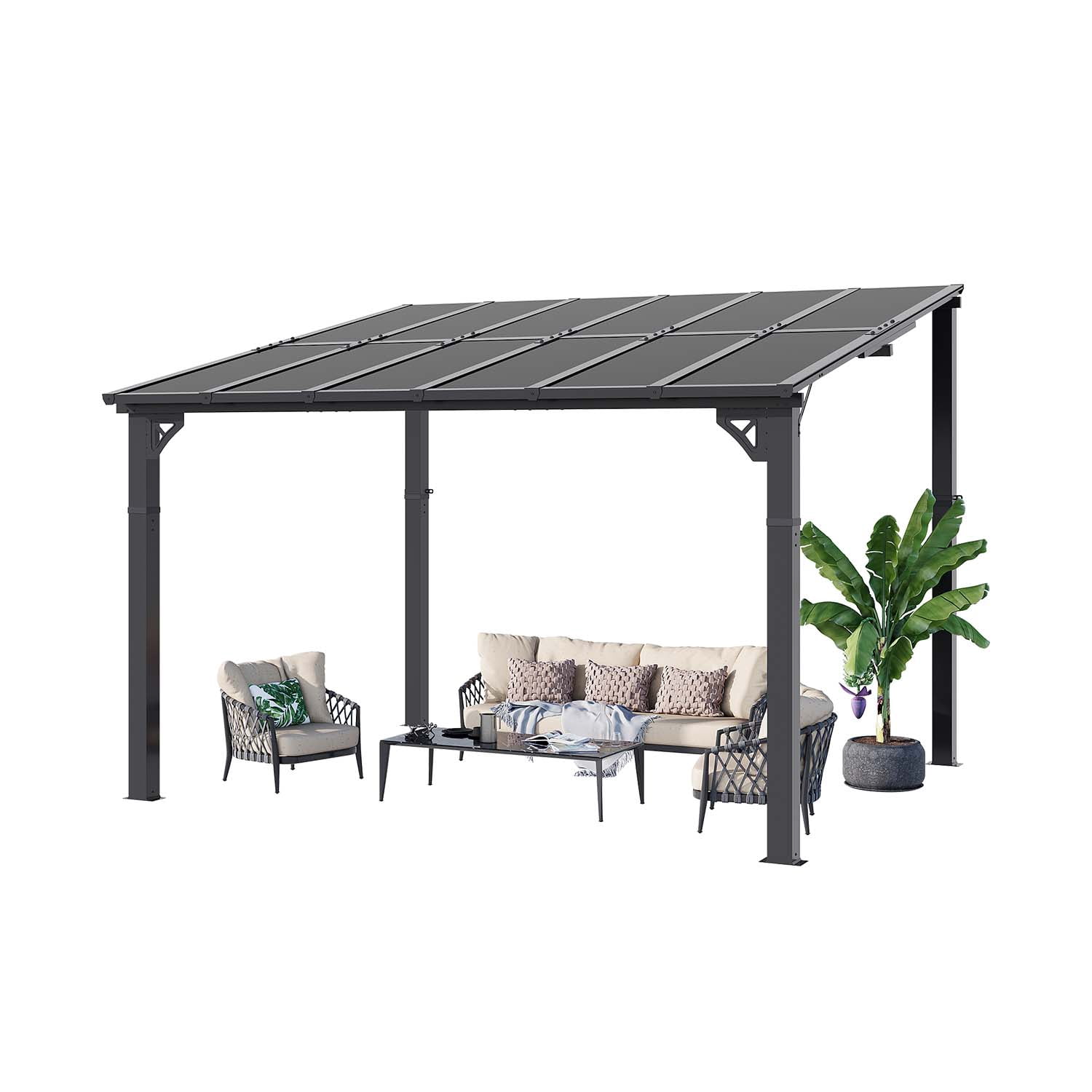 BaPiPro 12'x10' Hardtop Gazebo with Aluminum Frame & Polycarbonate Panel, Wall Mounted Gazebos Lean to Pergola, Outdoor Patio Grill Gazebo for Backyard, Garden, Deck