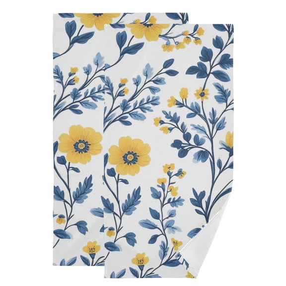Yellow Flowers Blue Leaves Hand Towel Absorbent Bath Towels for Bathroom Sports Gym 28" x 14" Set of 2