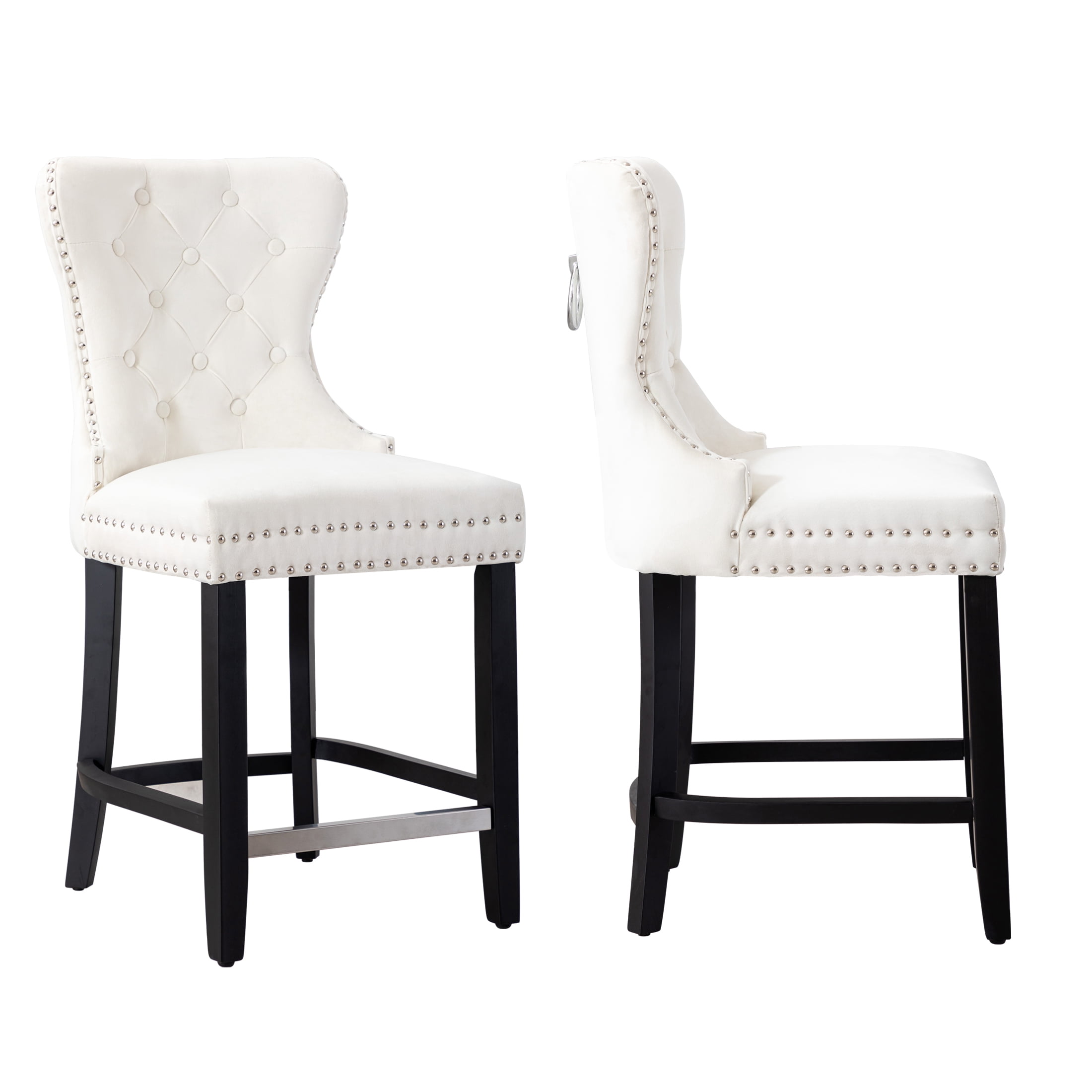 Westin Outdoor 24" Tufted Velvet Bar Stool (Set of 2), Black/Velvet Cream