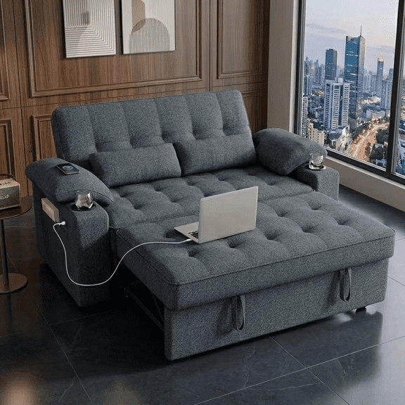 Howcool 58" Sleeper Sofa Bed, Convertible Pull Out Couch Bed Corduroy Loveseat with Adjustable Backrest, USB Charging Ports, Cup Holders & Foldable Side Table for Living Room Apartment,Dark Grey