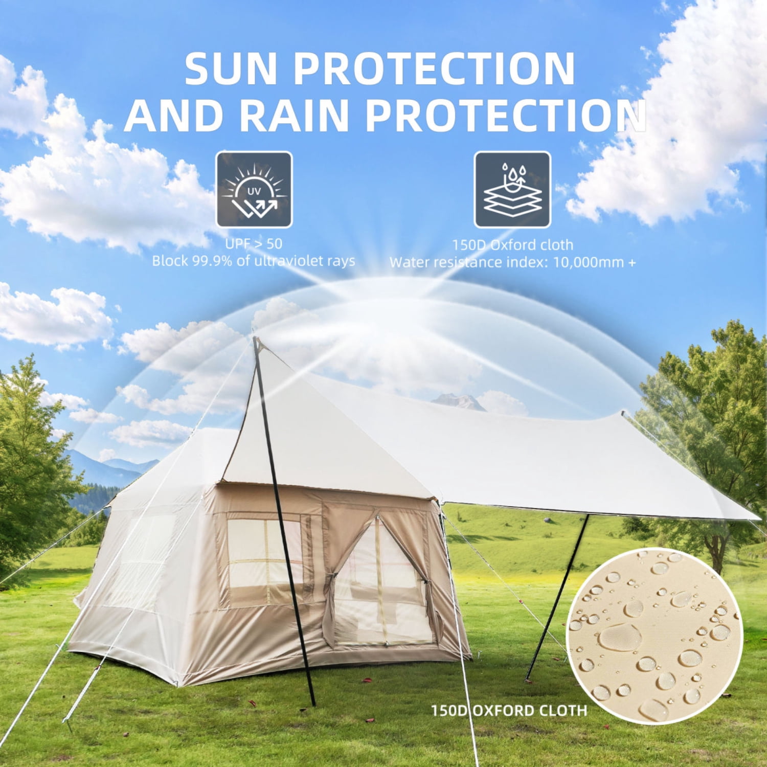 5.72m ² Inflatable Camping Tent, Glamping Tents Easy Setup 4 Season Windproof Outdoor Cotton Tent with Stove Jack & Mesh Windows & Pump   WL