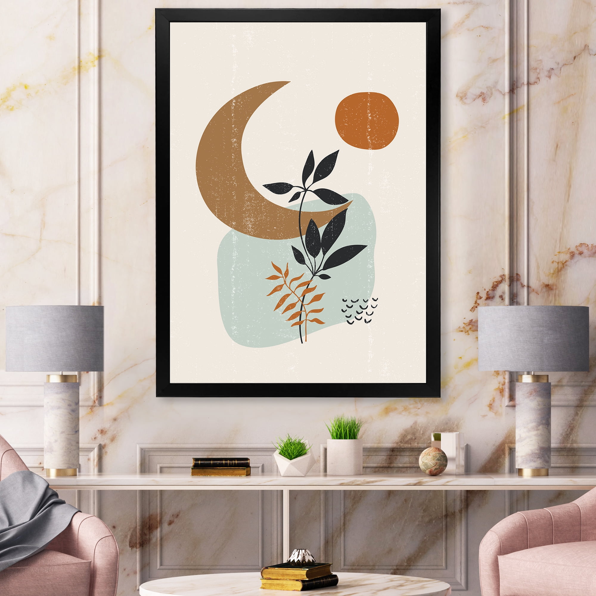 Designart 'Abstract Moon and Sun With Minimal Plants' Modern Framed Art Print