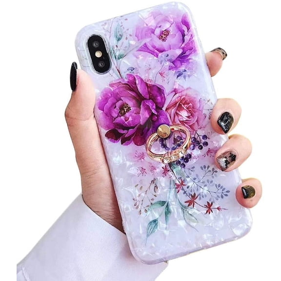 Compatible with iPhone Xs Case,iPhone X Case Floral Cute Clear for Men Women Girls with 360 Degree Rotating Ring Kickstand Soft TPU Shockproof Cover Designed for iPhone X/XS 5.8" Brown Flower