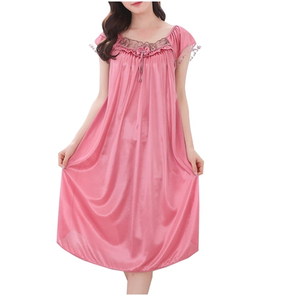Women Ruffle House Dress Cap Sleeve Sexy Nightgown Ice Silk Lace Trim Nighties Comfy Sleepshirts Sleepwear