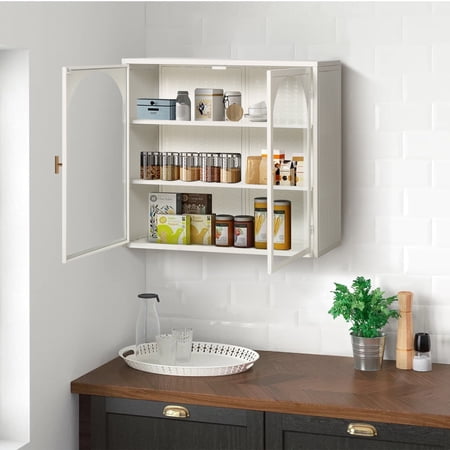 SESSLIFE 27" Arched Wall Cabinet with Glass Doors, Two-Door Three-Tier Storage and Woven Pattern, Wall Mounted or Freestanding for Bathroom, Living Room, Entryway, White