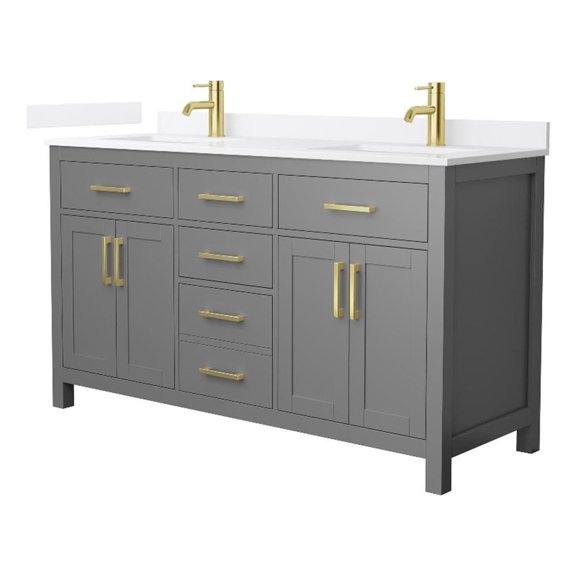 Beckett 60" Dark Gray Double Vanity & White Quartz Top (1-Hole) & Gold Trim