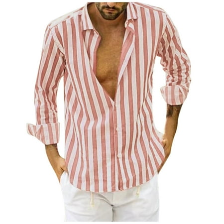 Noarlalf Mens Shirts  Shirts for Men Men s Long-Sleeved Striped Casual Shirt Mens Casual Button Down Shirts Pink M