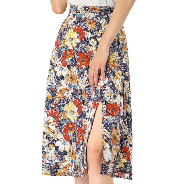 Falda a Media Pierna Allegra K con abertura En la Cintura y Estampado floral Negro L
