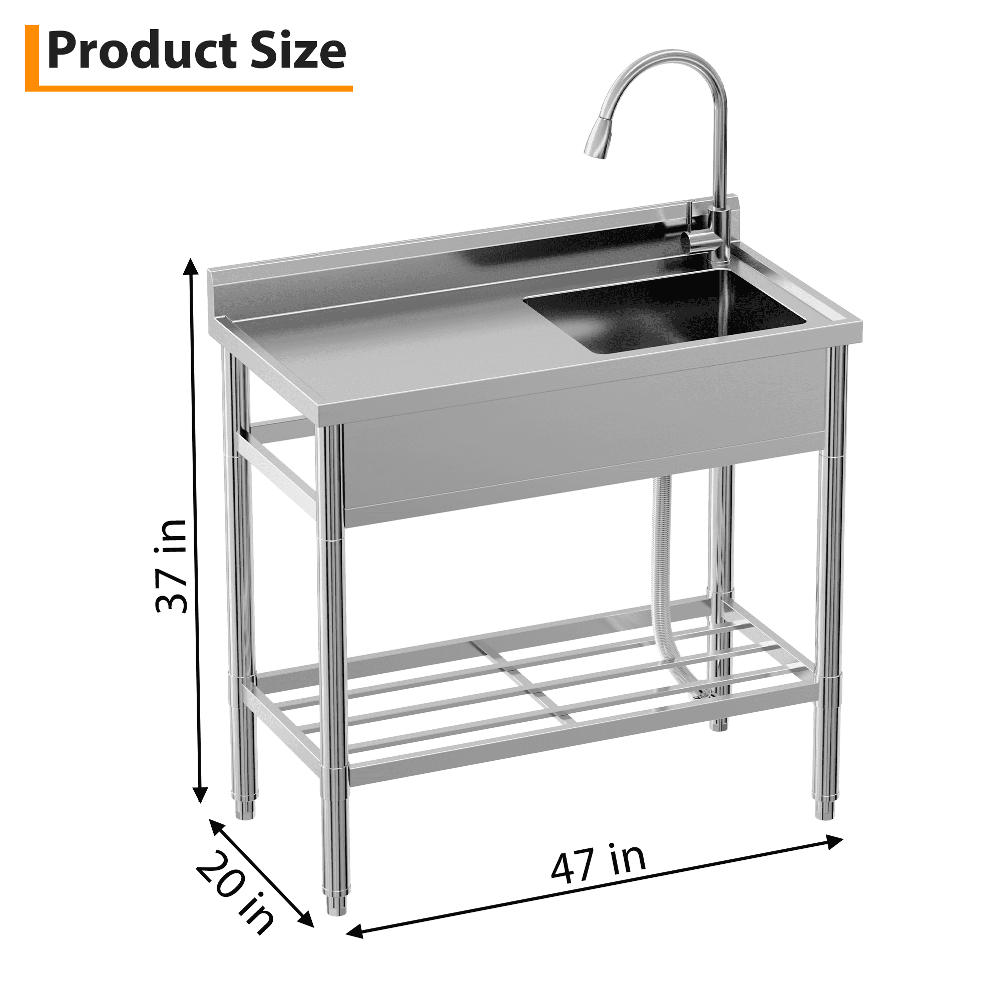 TEQIN Stainless Steel Utility Sink, Free Standing Single Bowl Commercial Kitchen Sink with Faucet, Utility Basin Workbench with Water Pipe for Garage Restaurant Laundry Bathroom
