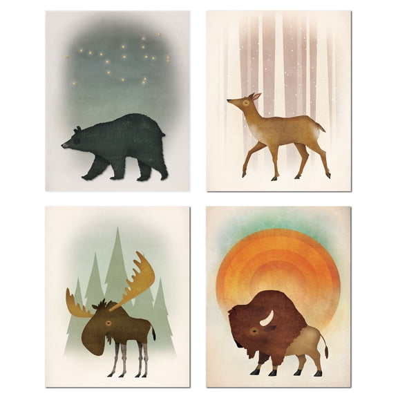 Rustic Deer Bear Bison and Moose Set by Ryan Fowler; Cabin Lodge Decor; Four 8x10in Paper Poster Prints