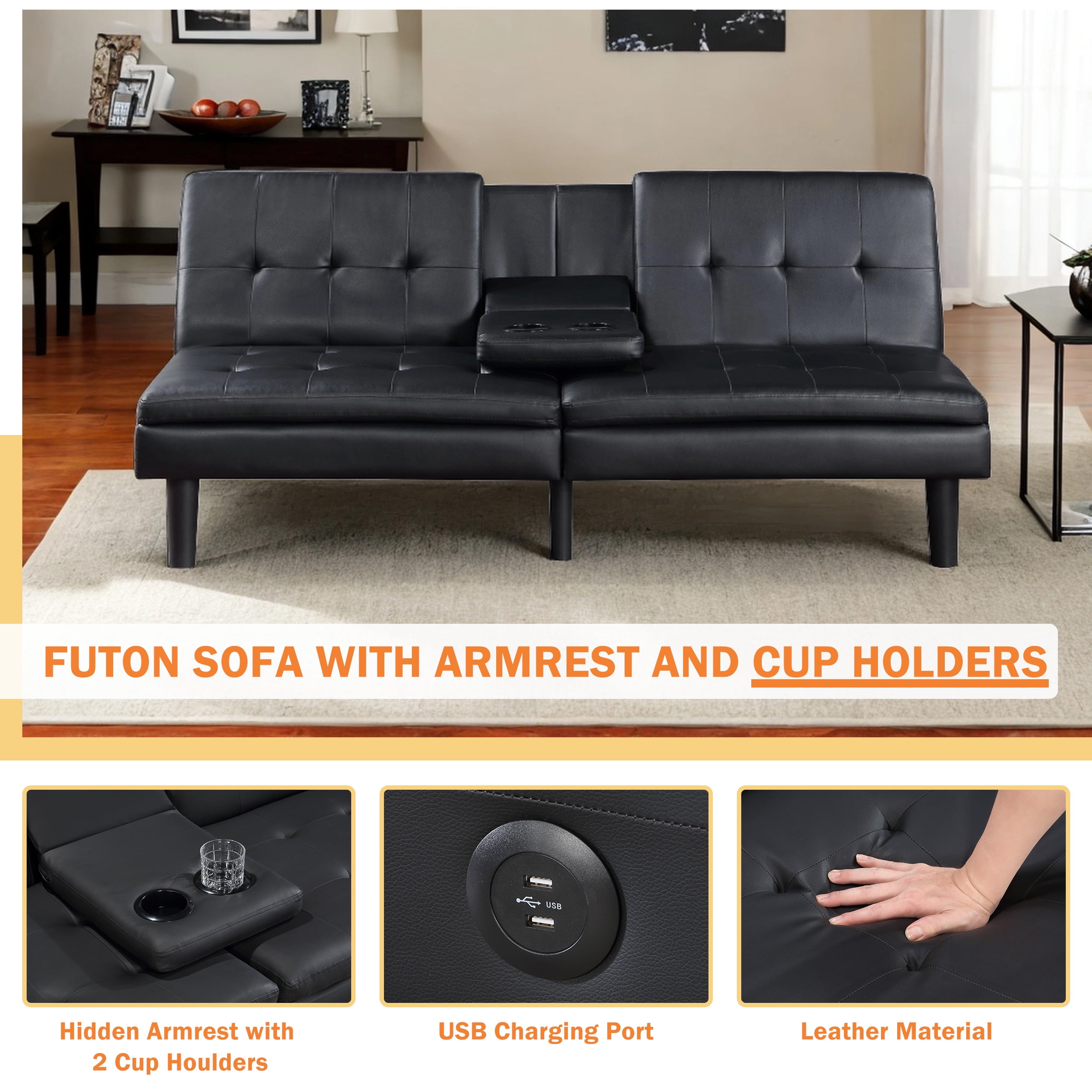 Futon Sofa Bed with USB, Cupholder , Faux Leather Convertible Futon Couch Bed for Living Room, Bedroom, Black