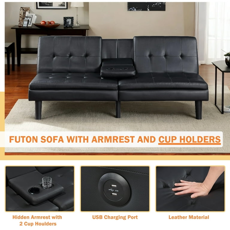 Prilinex Memory Foam Futon Convertible Sofa Bed with USB Ports and Cupholders Faux Leather Black