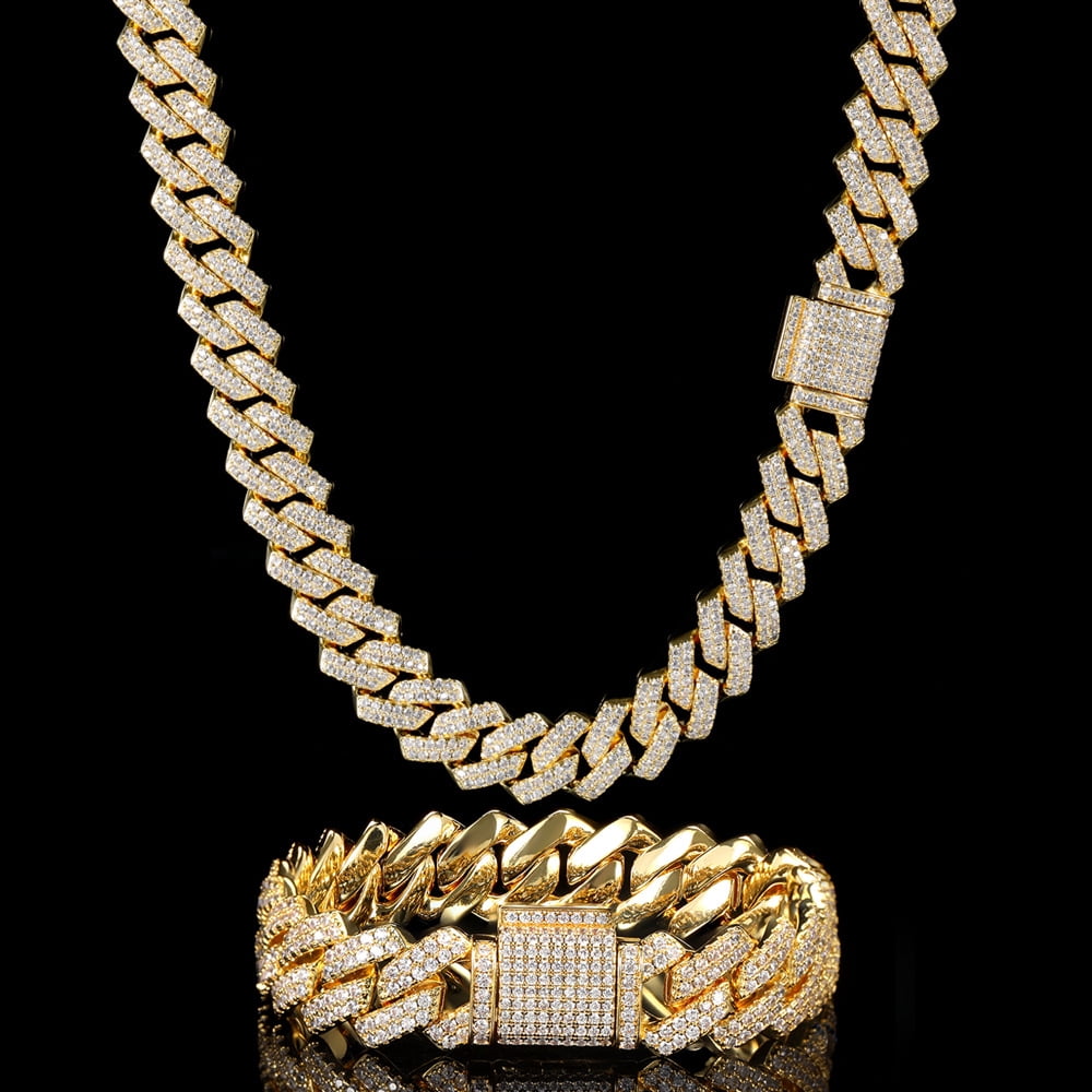 Leander 15mm Full Iced Out Diamond Cuban Link Chain - Hip Hop 18K or White Gold Plated Necklace or Bracelet for Men Women(Birthday Gift