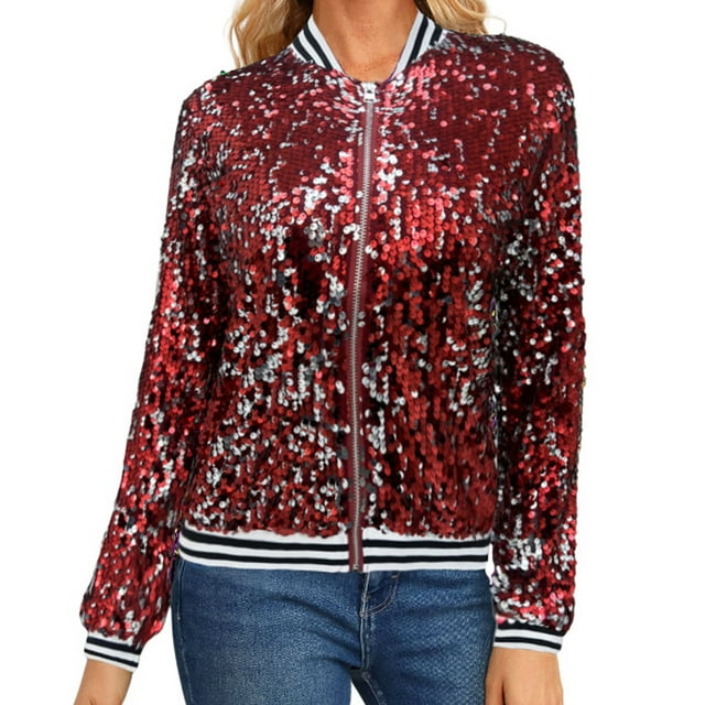 WRKEKC Blazer à Paillettes pour Femme Arrivée Automne Hiver Décontracté Mode Manches Longues Sans Capuche Manteau pour Sortie Nocturne Ou Fête du Soir Rouge P