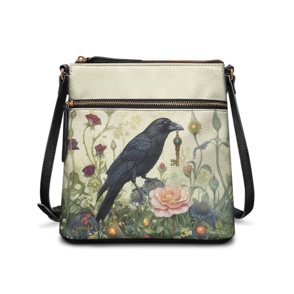 Kuiaobaty Crow Rose Print Crossbody Bag for Women, Vintage Portable Leather Satchel Purse Crossbody with Adjustable Strap, Sturdy Waterproof Hobo Handbag for Travel & Work