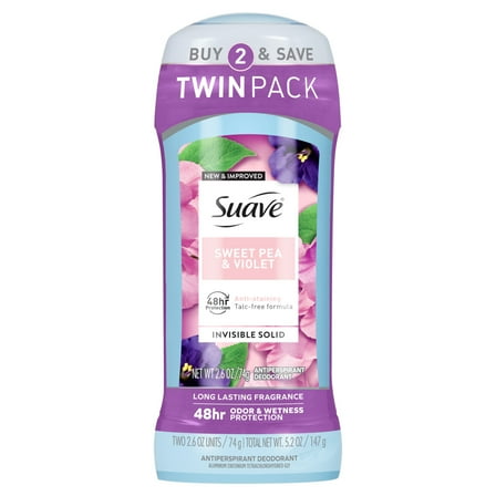 Suave Antiperspirant Female Deodorant, 48hr Protection Sweet Pea & Violet, 2.6 oz, 2 Pk