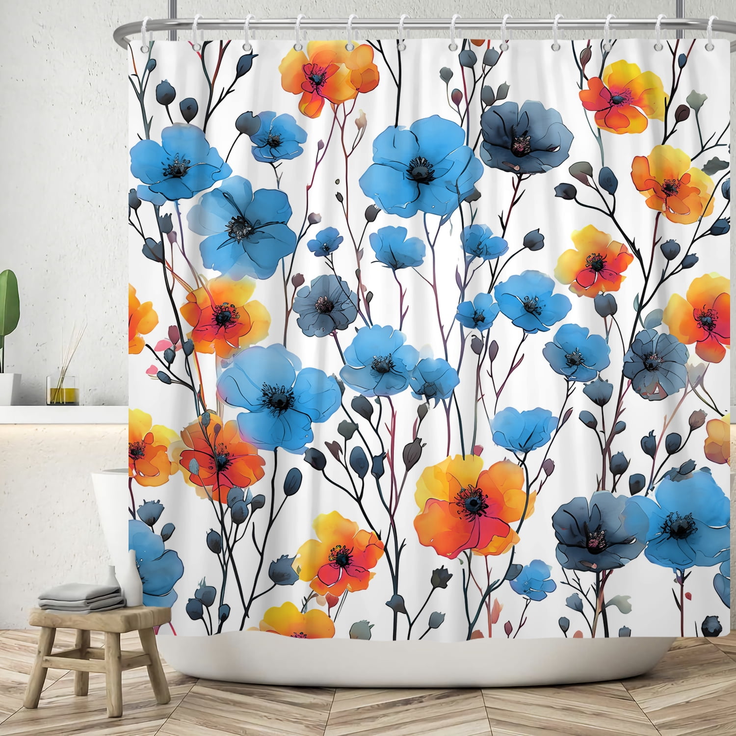 MIZHONA Boho Floral Shower Curtain for Bathroom Waterproof Abstract Aesthetic Decorative Blue 47"X64"