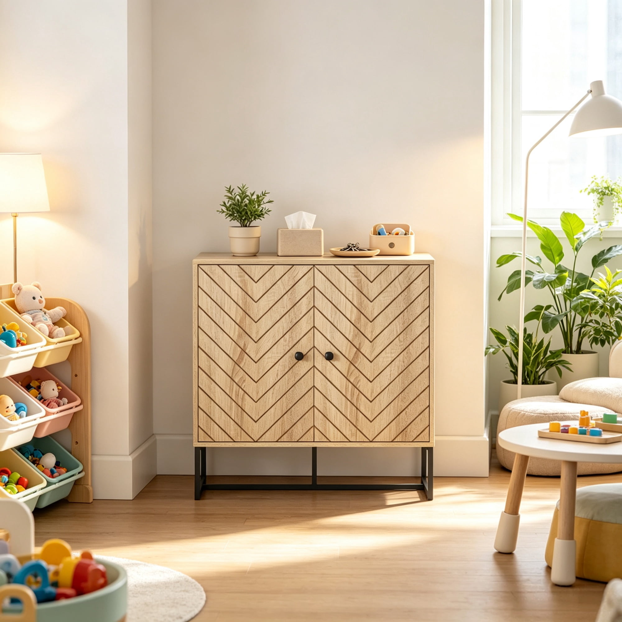 31.5" Modern Buffet Cabinet, Adjustable Shelf, Steel Base, 2 Chevron Doors Sideboard