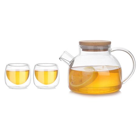 

500Ml Glass Teapot Tea Pot Coffee Kettle With Bamboo Lid Double Glass Cups