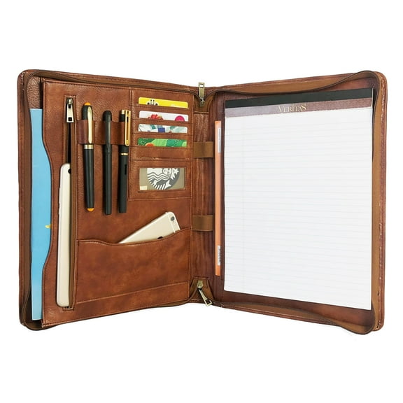 Vegan Leather Portfolio, Zippered Portfolio for Men, Letter Size Organizer Folder, Padfolio A4 Document Bag, Personalized Padfolio (Brown)