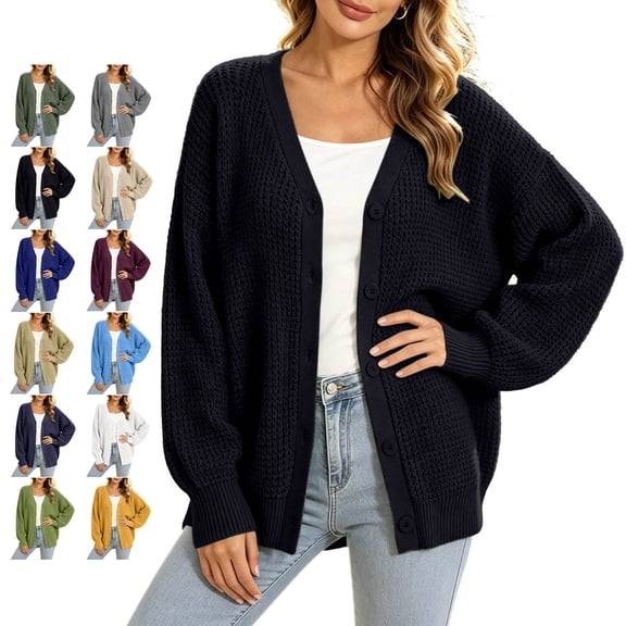 TGSLY Women's Waffle Knit Cardigan Coat Lightweight V Neck Button Down Sweaters Loose Casual Solid Color Long Sleeve Knit Tops XXXL