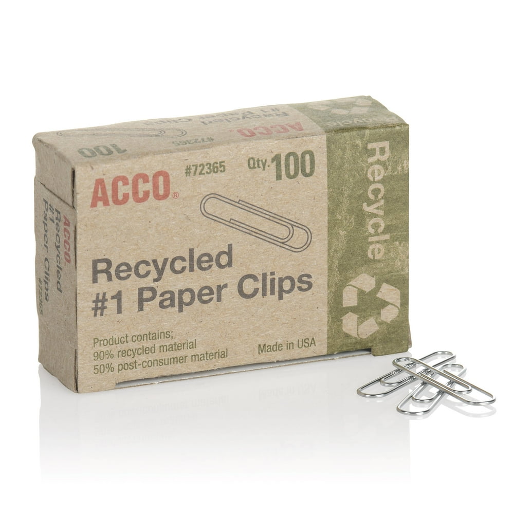 ACCO Recycled Paper Clips, Smooth Finish, 1 Size, 100/Box, Silver