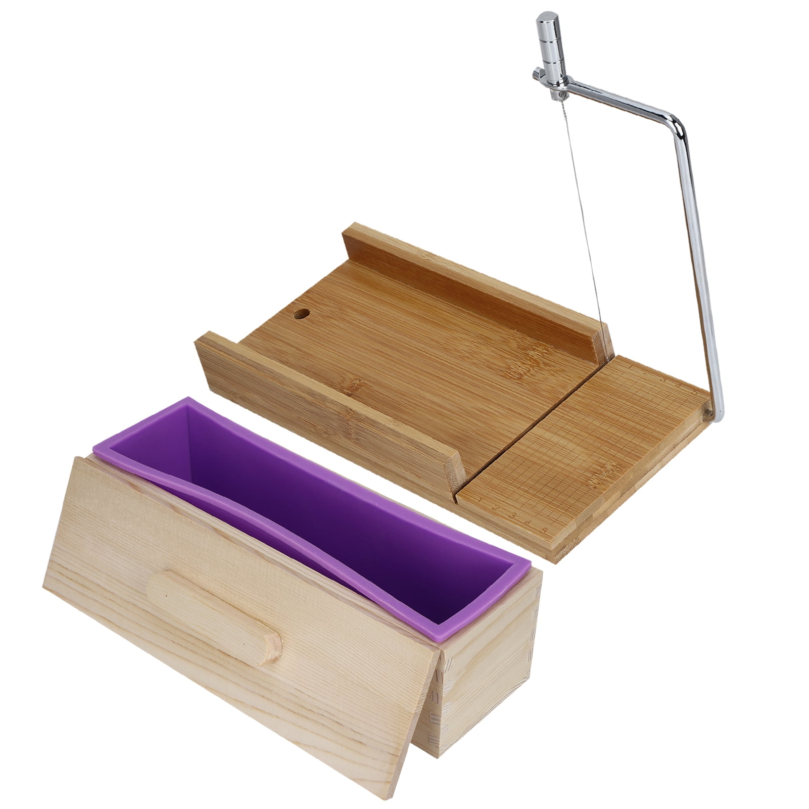 Yajisi Professional Adjustable Bamboo Wood Soap Cutter Mold Set with Purple Silicone Loaf Mold and Lid, Multi-Functional DIY Handmade Soap Making Tool Kit (11.1 x 3.1 x 3.5 inches / 28.2 x 8 x 9 cm)
