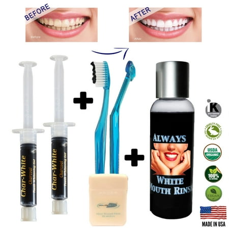 Natural Teeth Whitening Premium Kit -Activated Charcoal Gel ( Qty 2 ) + Mouth Rinse + Soft Toothbrush - Made in