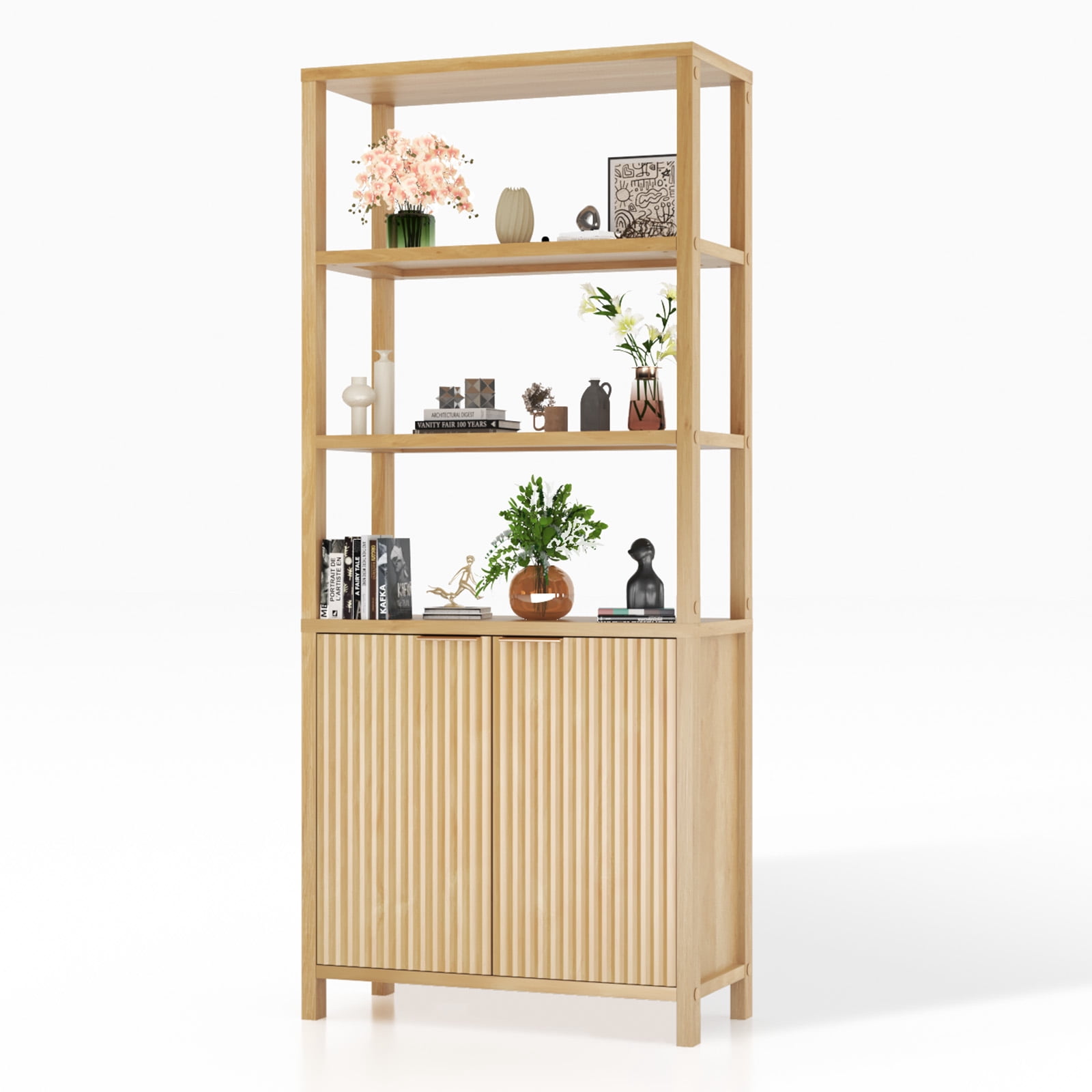 Ktaxon Fluted 6-Tier Bookshelf, 71" Modern Sturdy Bookcase with Storage Cabinet, Oak