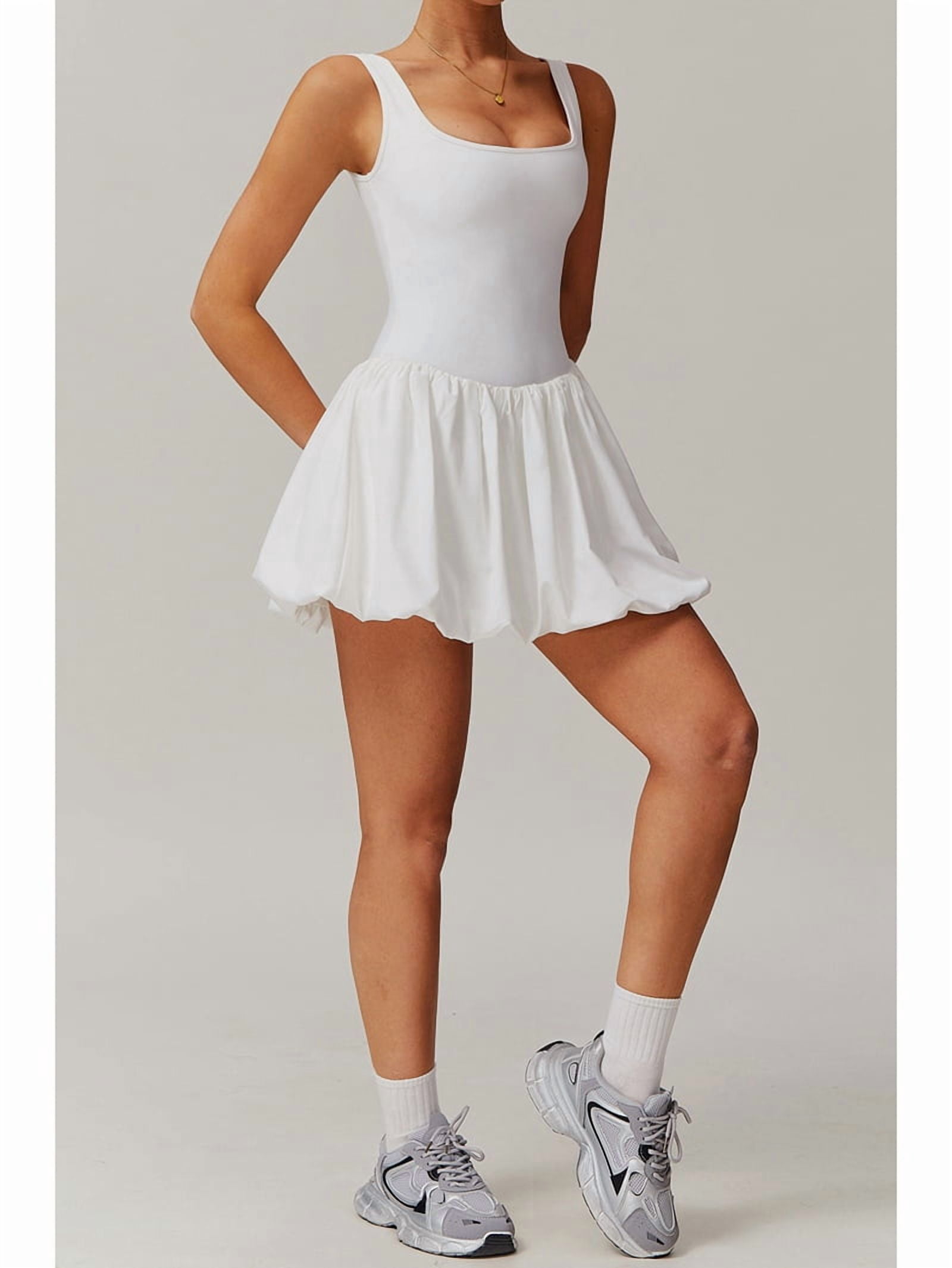 Womens Bubble Tennis Dress Squre Neck Sleeveless Workout Golf Athletic Dresses Build in Shorts with Pockets