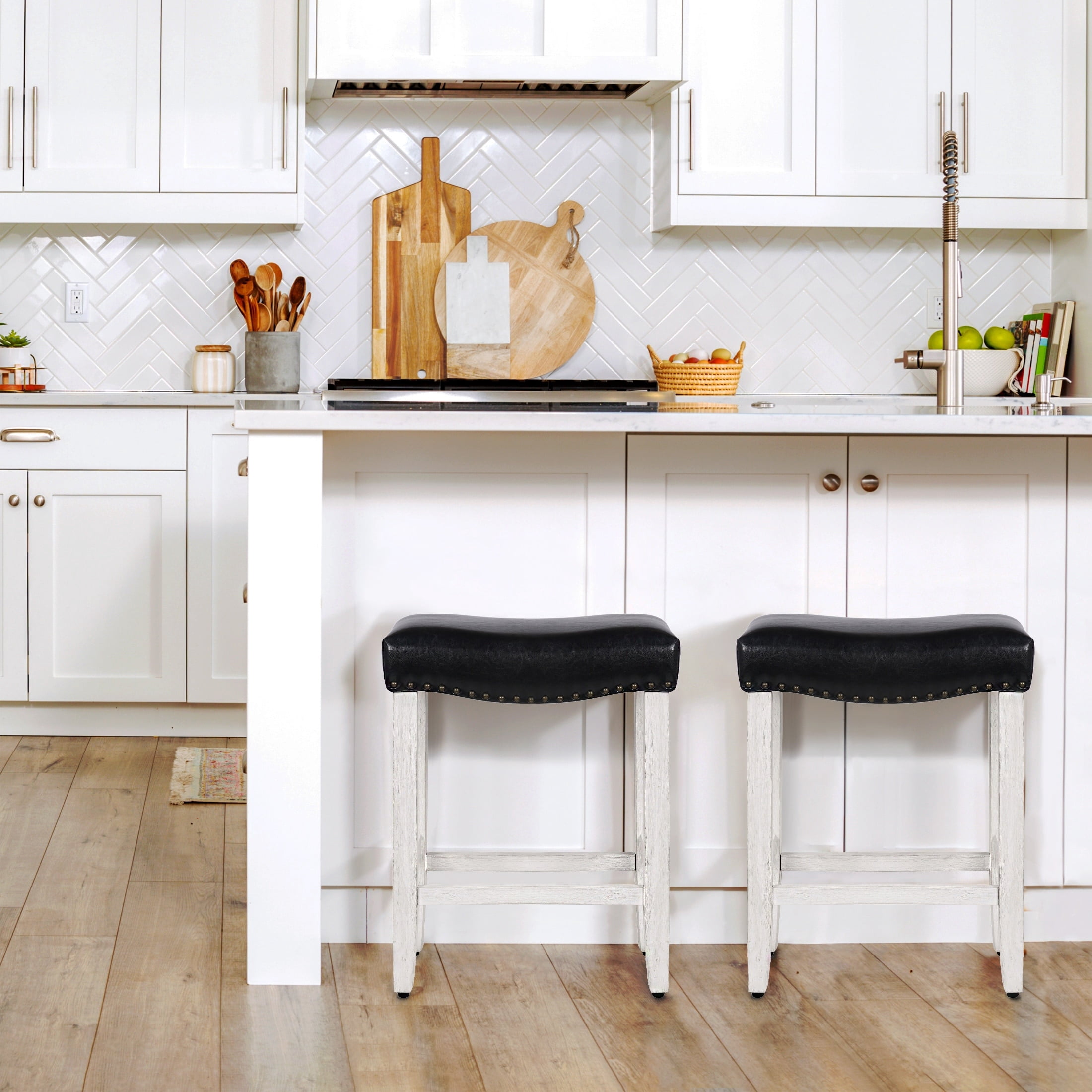 Polytrends Jameson Upholstered Polyester Antique White 24 Inch Counter Stool (Set Of 2) Antique White/Black Wood Rubberwood Footrest Leather Glam