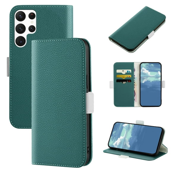 Dteck for Samsung Galaxy S22 Ultra Case, PU Leather Flip Wallet Case with Cart Slot and Kickstand Shockproof Protective Case for S22 Ultra 6.8 inch 2022 Ladies Girls Women Men, Green